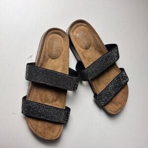 Brash Women's Low Heel Black and Tan Slide Sandals with Rhinestones Sz 6.5 NWOT